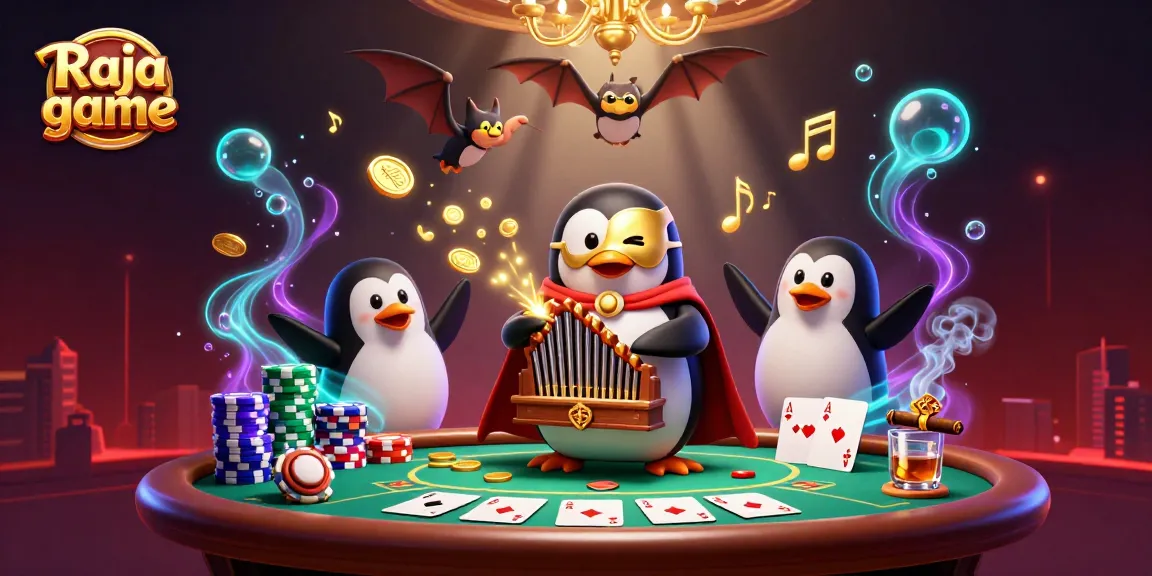 Experience thrill with Raja game in this vibrant 3D casino scene featuring an acrobat and a penguin.