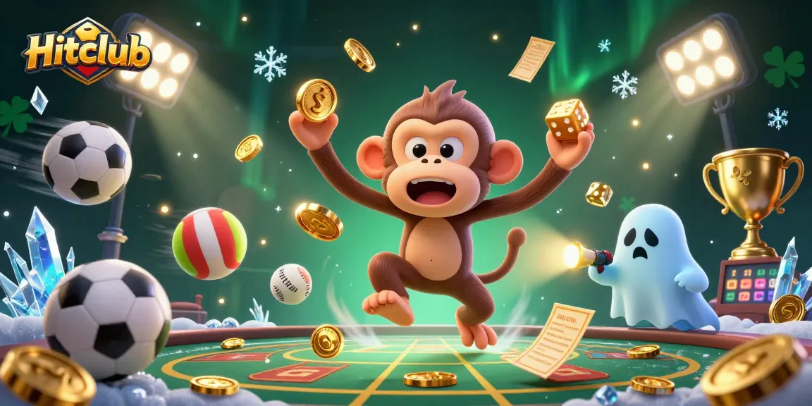 Hitclub showcases an animated poltergeist monkey juggling coins in a haunted casino themed for sports betting excitement.