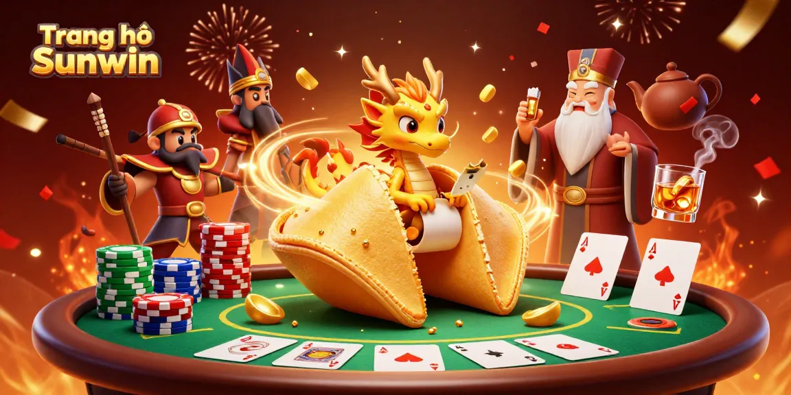 Engage with Trang chủ Sunwin's vibrant atmosphere featuring a golden fortune cookie and dynamic poker scene.