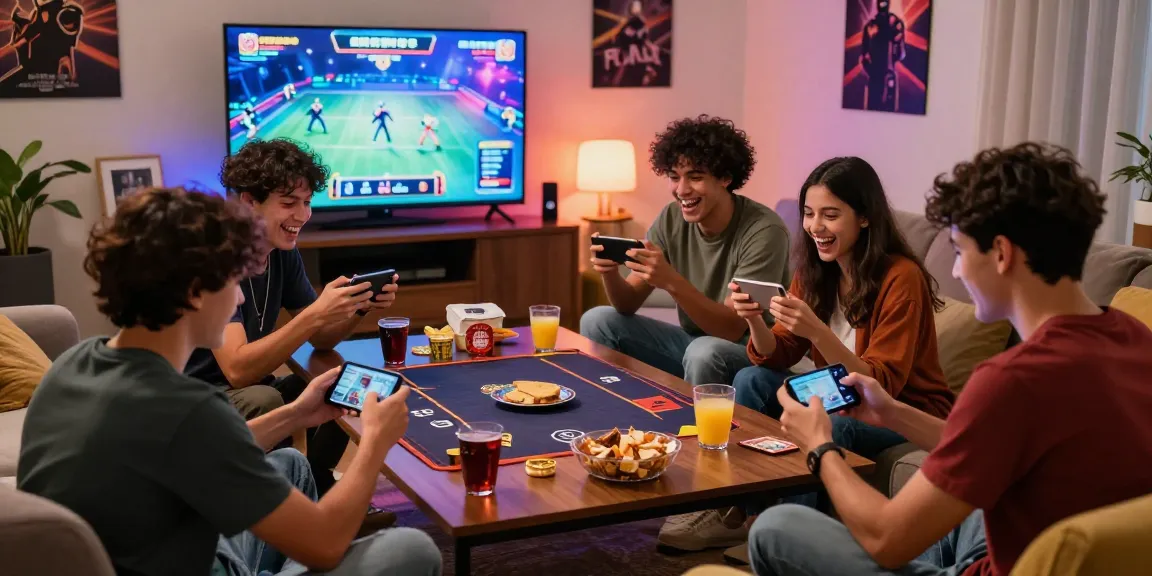 Teen Patti Gold tips: friends enjoying an exciting game night with smartphones, snacks, and lively atmosphere