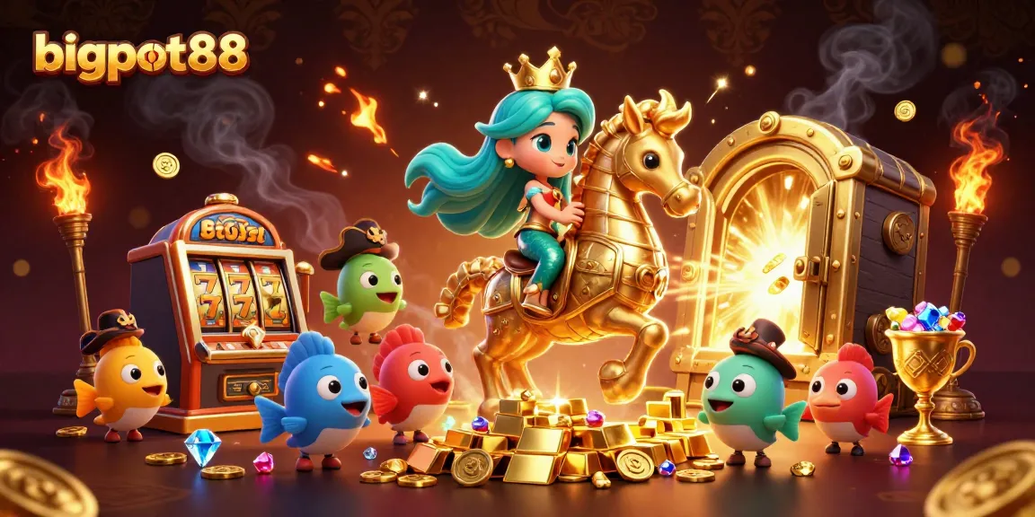 Spin and win with bigpot88, featuring a vibrant mermaid surrounded by treasure and slot machines.