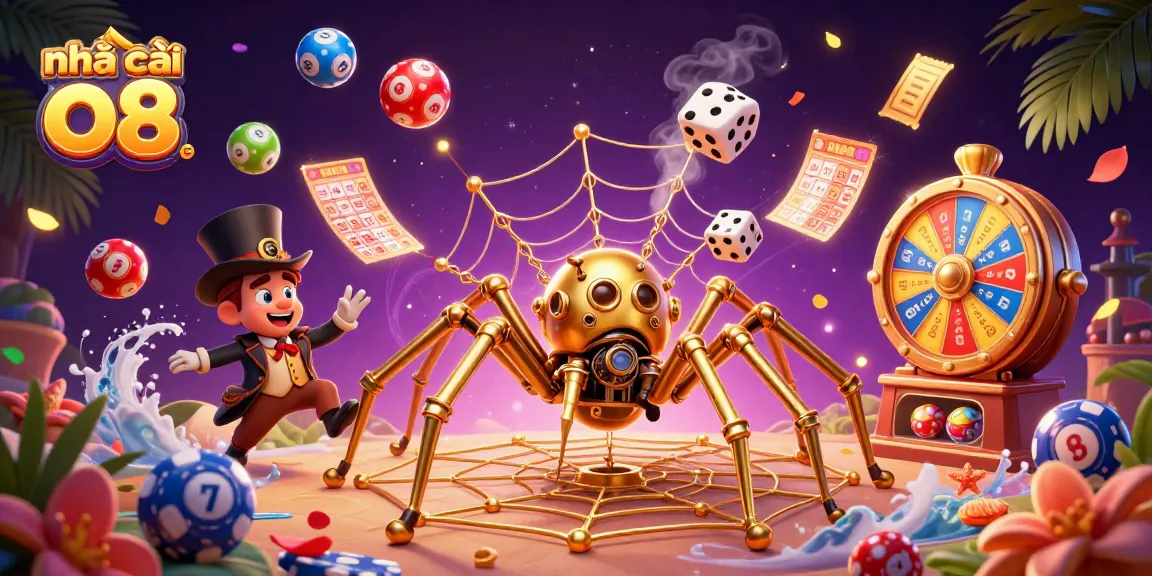 Experience thrilling fun at nhà cái o8 with the golden spider and fly, surrounded by vibrant lottery elements.