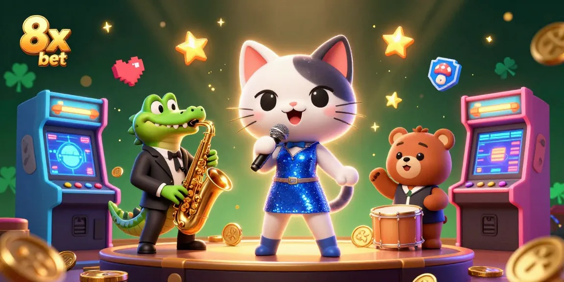 Engage in thrilling gameplay with 8x bet as three lively characters celebrate vibrant casino fun.