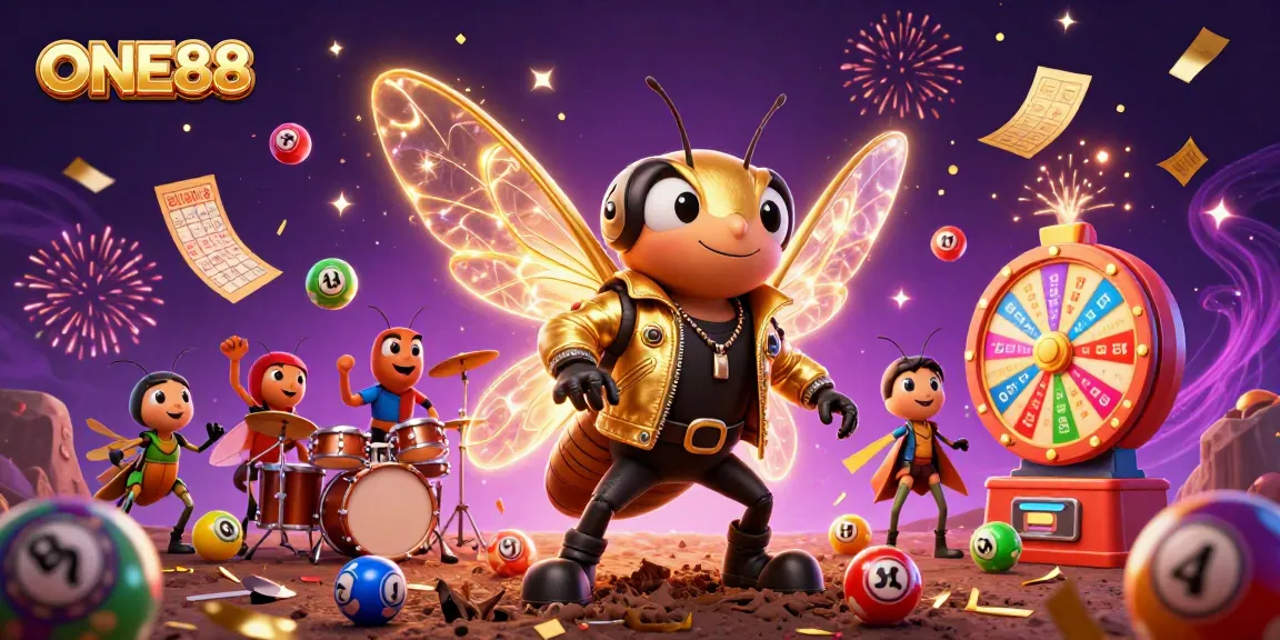 ONE88 creates an interactive experience with a cartoon rock star and game elements in a vibrant casino scene.