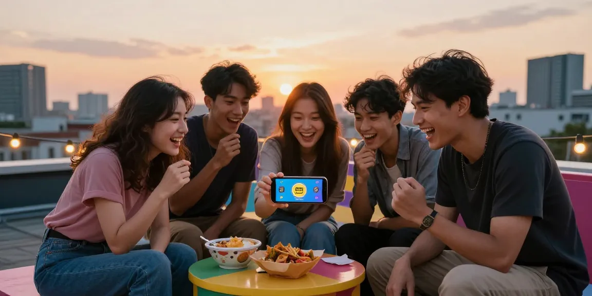 Excited friends engaging in 3Patti Loot APK download on a rooftop.