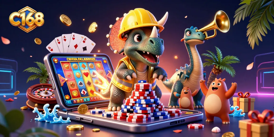 Experience the excitement of C168 with a vibrant 3D illustration showcasing a triceratops building poker chips surrounded by thrilling gaming elements.