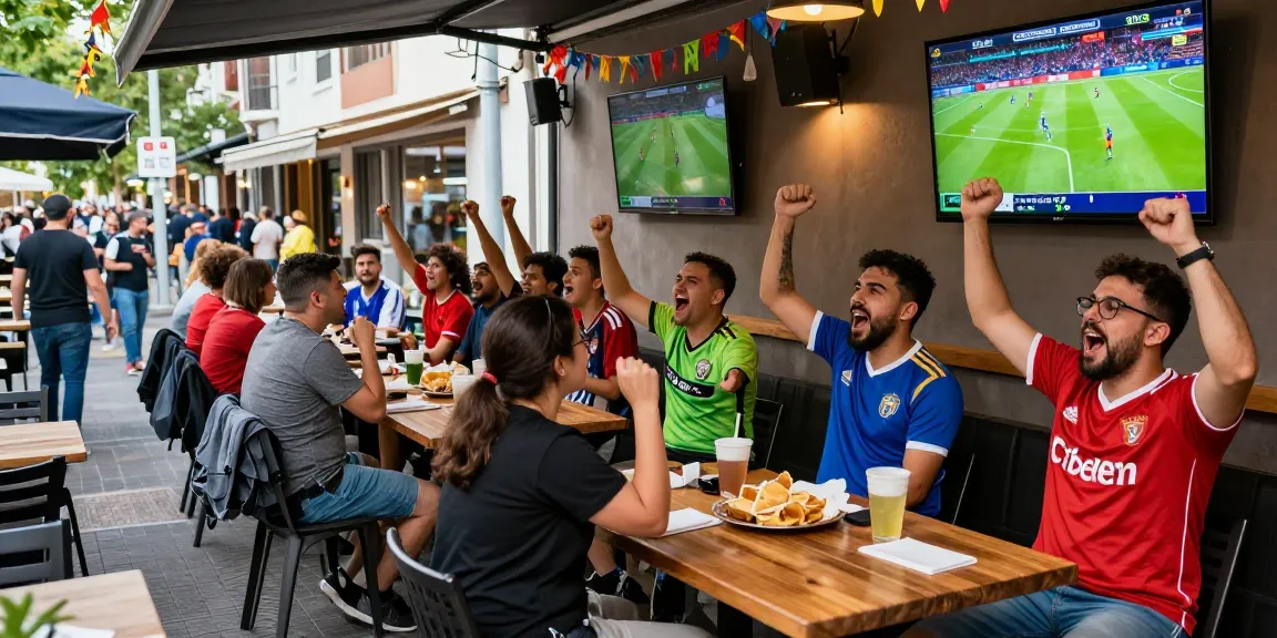 Engaged football fans celebrating مباريات اليوم at a lively street café during live match viewing.