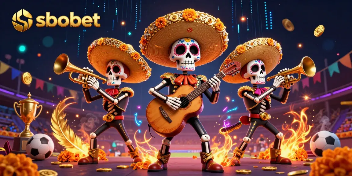 Bet on sbobet with vibrant 3D illustration featuring mariachi characters in a lively betting scene.