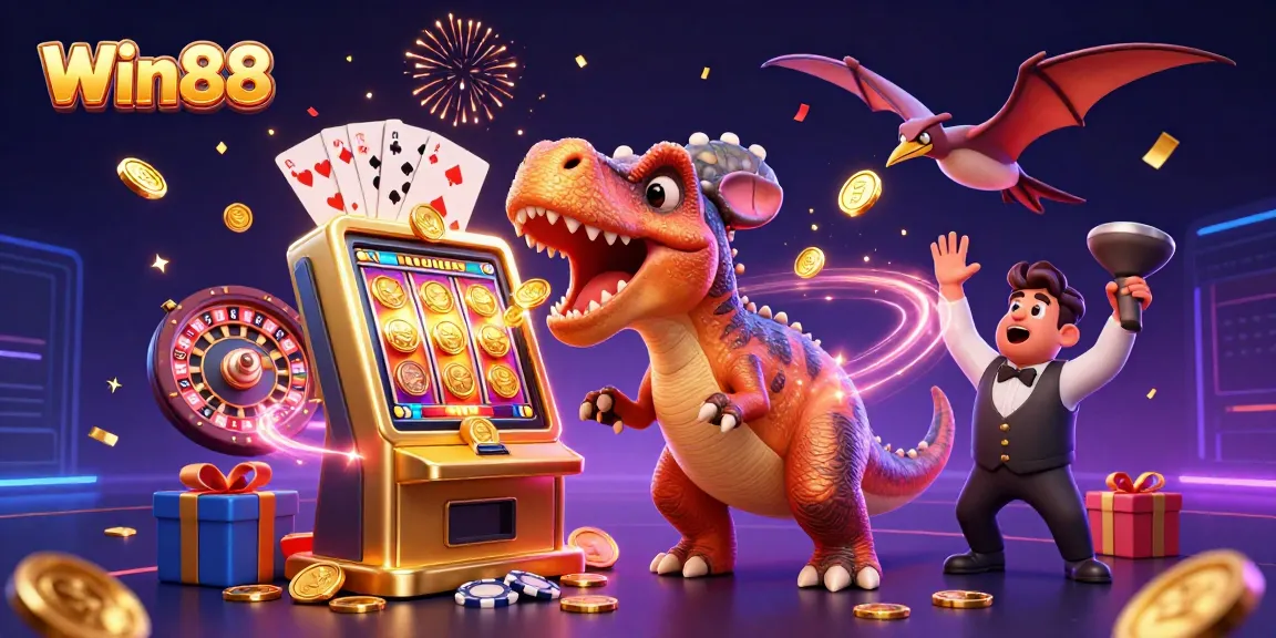 Win88 showcases a pachycephalosaurus hitting a golden slot machine amidst flying coins and casino elements.