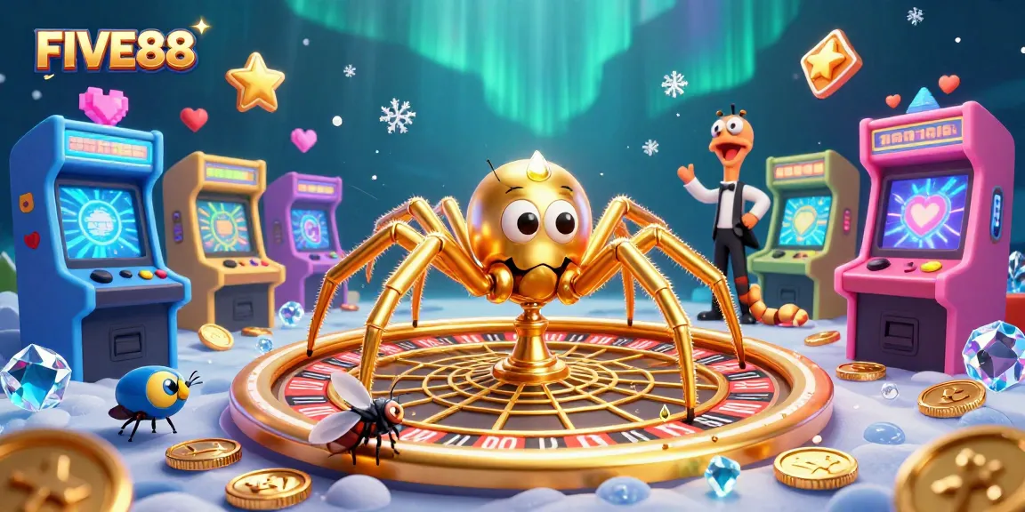 Experience the thrill of betting with FIVE88's golden spider and roulette wheel in a vibrant casino scene.