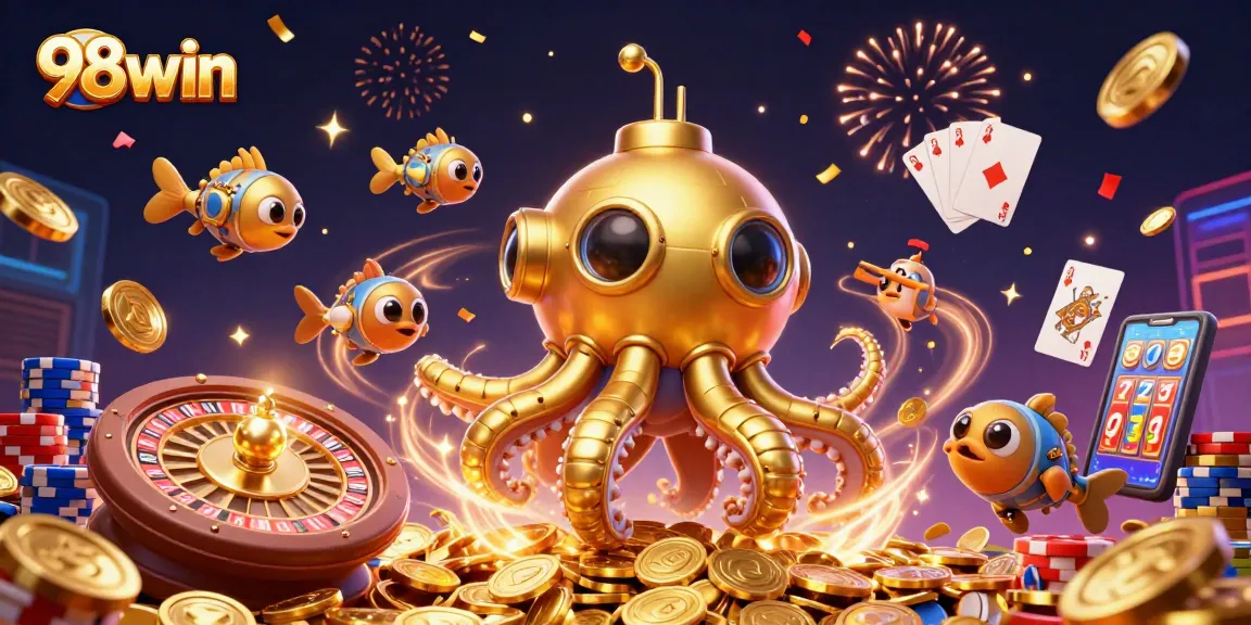 Experience the vibrant world of 98win casino with a dynamic scene of golden kraken and colorful gaming elements.