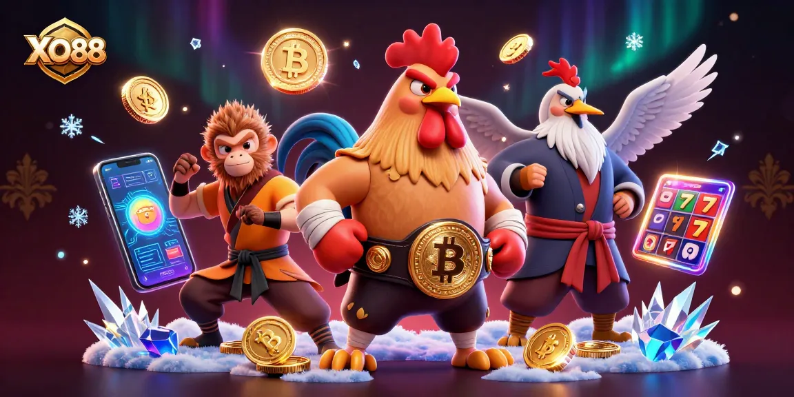 Spin the reels with XO88, showcasing a fierce rooster, monkey, and crane among glowing crypto elements.