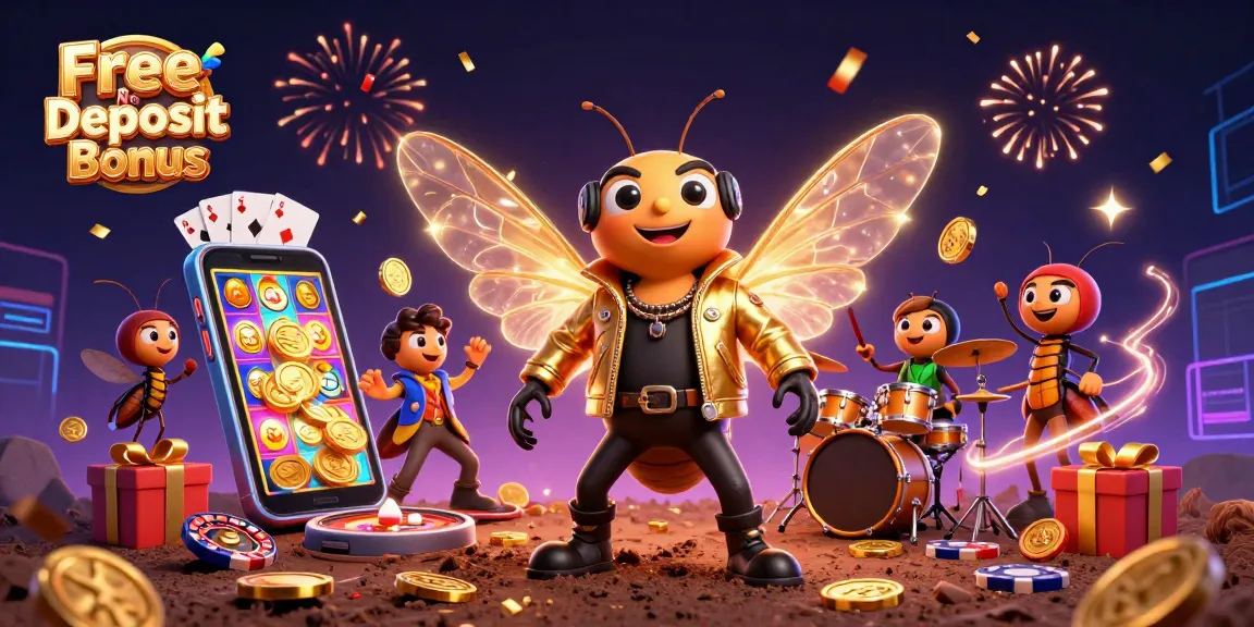 Win big with Free No Deposit Bonus in this vibrant casino scene featuring a cartoon rock star