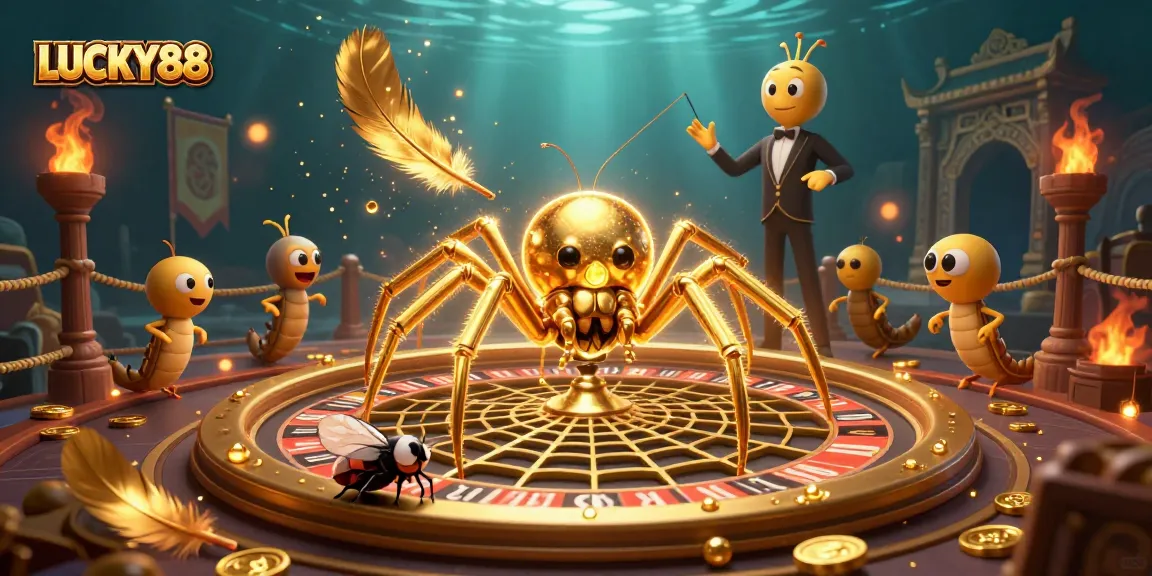 Experience LUCKY88 with a vibrant roulette scene featuring a spider and a croupier engaging in betting.