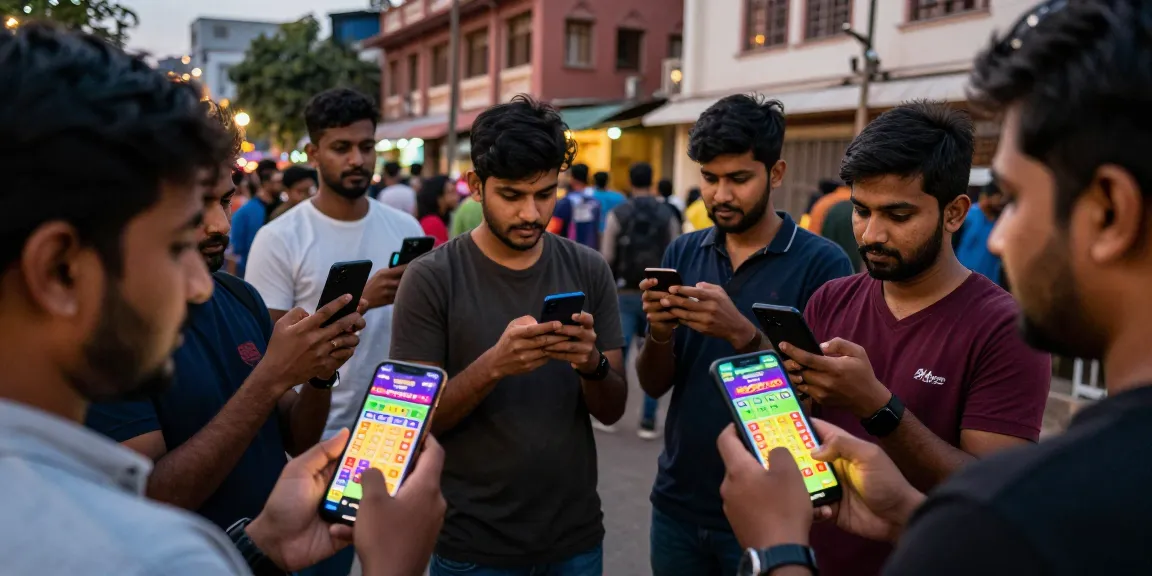 Players engaged in Tiranga Game on their smartphones against a vibrant urban backdrop.