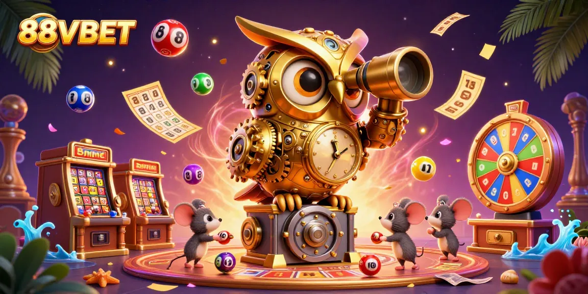 Engage with 88VBET as a golden owl oversees a vibrant casino scene of thrilling games.