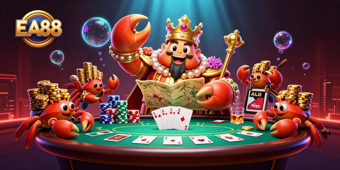 Join the EA88 adventure with the golden crab emperor commanding chips at a vibrant poker table.