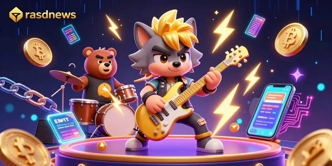 Rasdnews menghadirkan ilustrasi 3D kasino yang menampilkan wolf bintang rock dan beruang drummer dengan elemen crypto.
