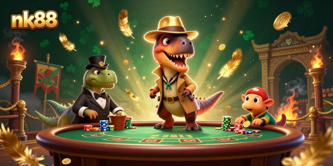 Engage with nk88 at a blackjack table as characters navigate the colorful world of online gambling.