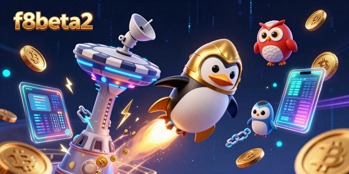 Experience f8beta2 with an exciting rocket-powered penguin in a vibrant online casino space scene.