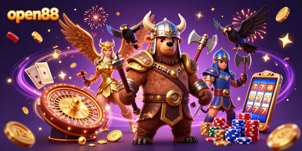 Spin the reels at open88 with Viking warriors, golden coins, and exciting game elements, all in a thrilling casino scene.