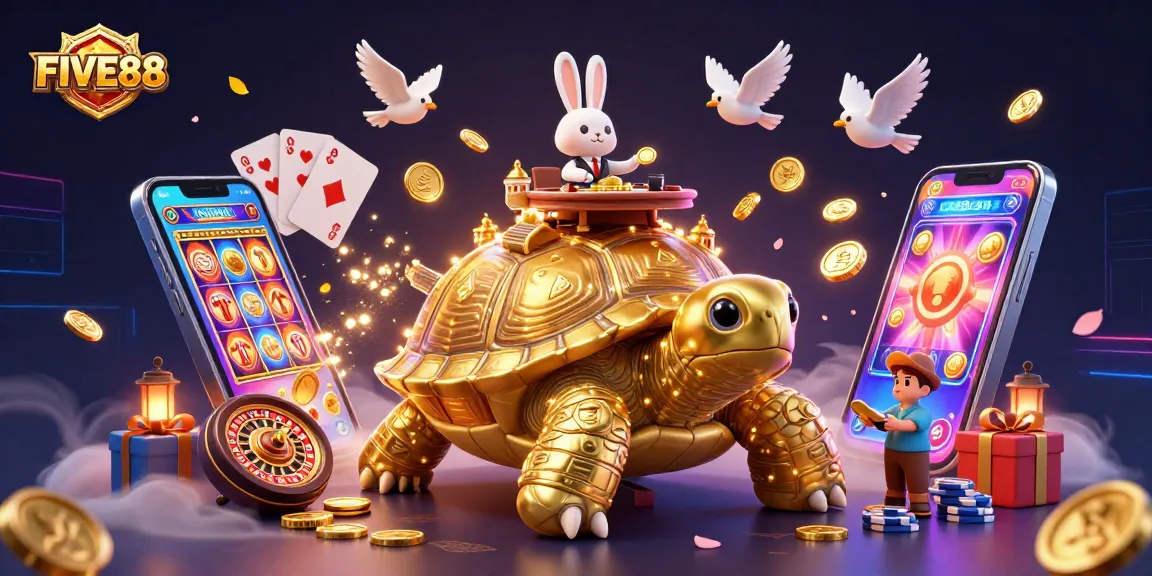 Engage with FIVE88 as golden coins shower around a vibrant 3D casino scene with playful characters.