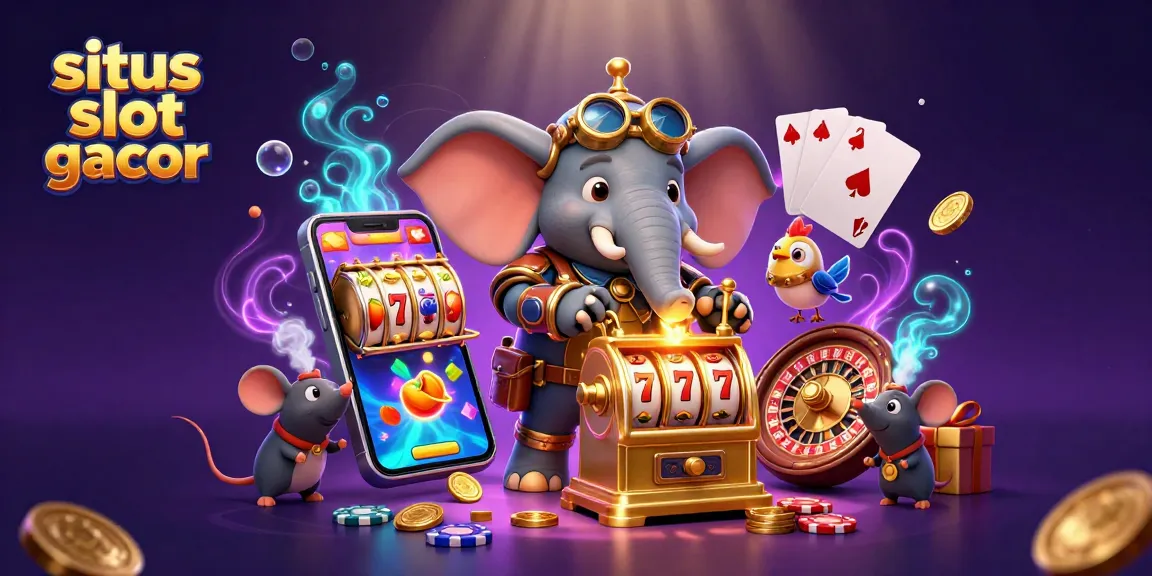 Situs slot gacor features a steampunk elephant at a golden slot machine with vibrant game elements.