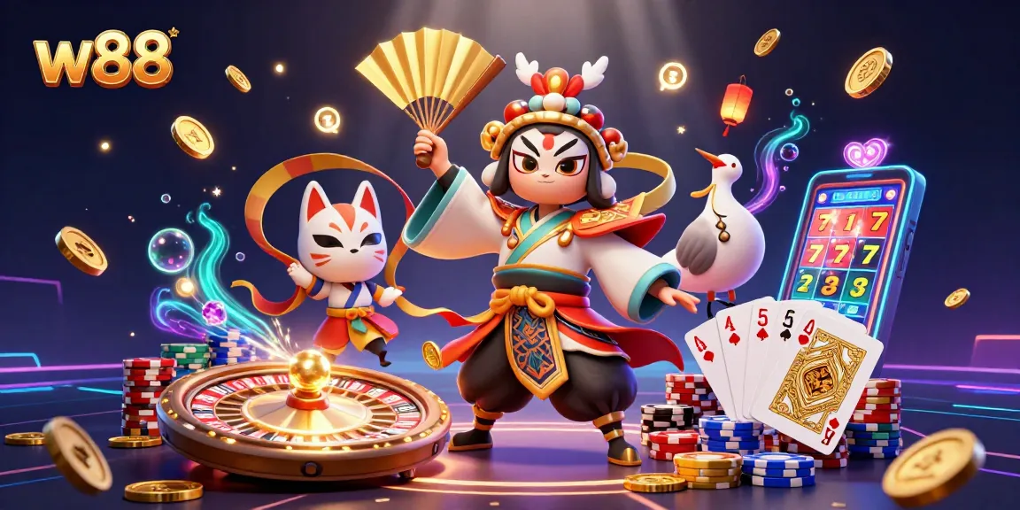 Experience thrilling gameplay at w88 with 3D kabuki warrior and captivating casino elements.