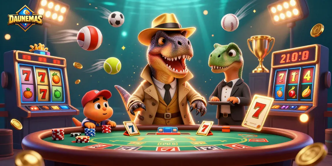 DAUNEMAS showcases a velociraptor card counter at a blackjack table amidst jackpot game elements.