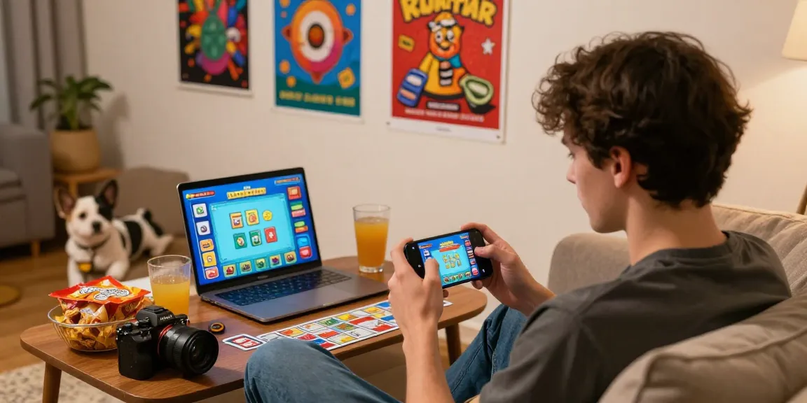 Enjoying playing earning games like Card Rummy on a smartphone in a cozy living room.