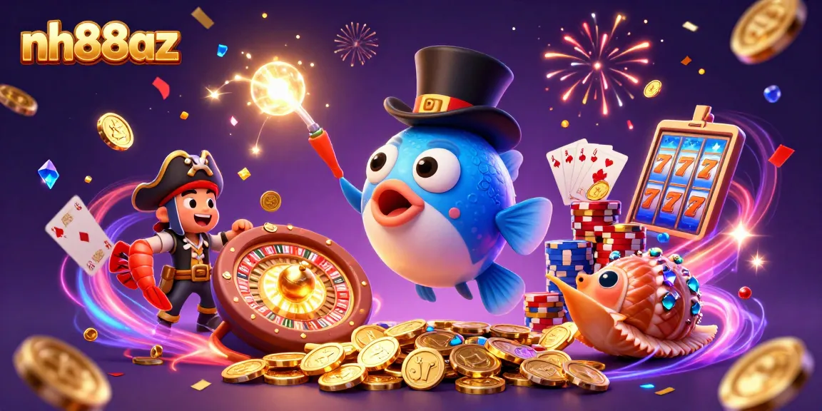 Celebrate casino wins with the vibrant nh88az illustration featuring fishing-themed characters and casino elements.