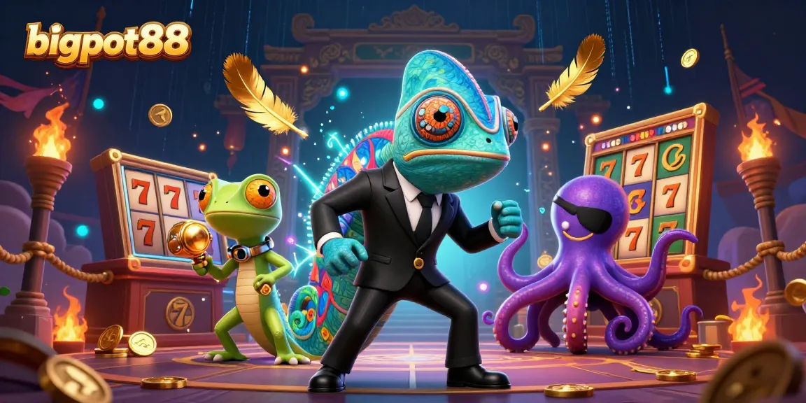 Experience the thrill of bigpot88 slots with dynamic characters in a vibrant casino battle scene.