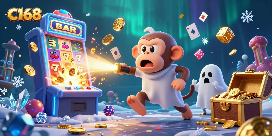 Engage with thrilling C168 casino experiences as a mischievous poltergeist monkey juggles golden coins and cards.