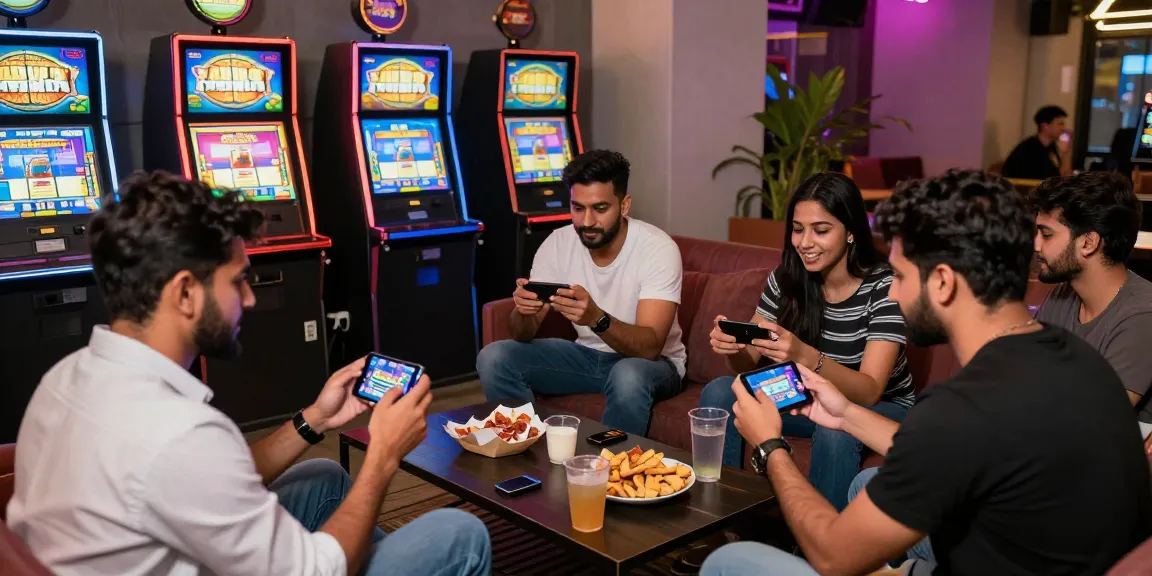 Group enjoying earning games on smartphones in a lively gaming lounge