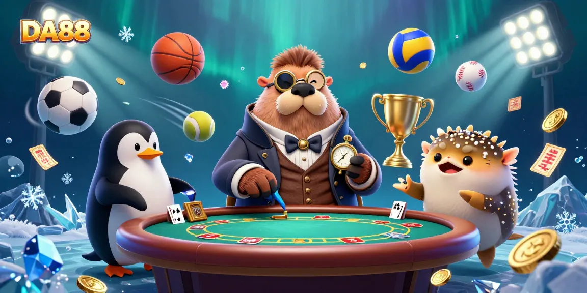 Experience the excitement at DA88 with a jolly walrus bluffing at poker underwater amidst thrilling sports elements.