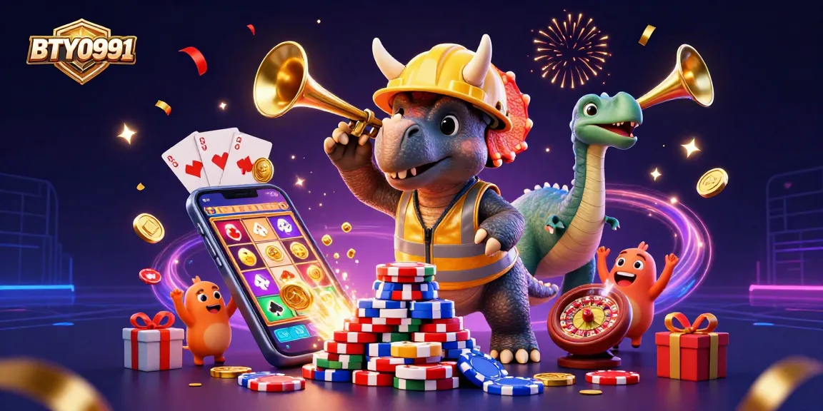 Engage with BTY0991's vibrant celebration as cartoon dinosaurs build a pyramid of poker chips.