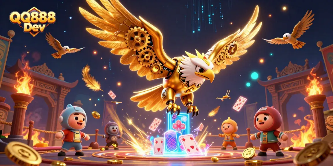 Experience thrilling gameplay with QQ888 Dev, featuring high-flying golden eagle and dynamic casino elements.