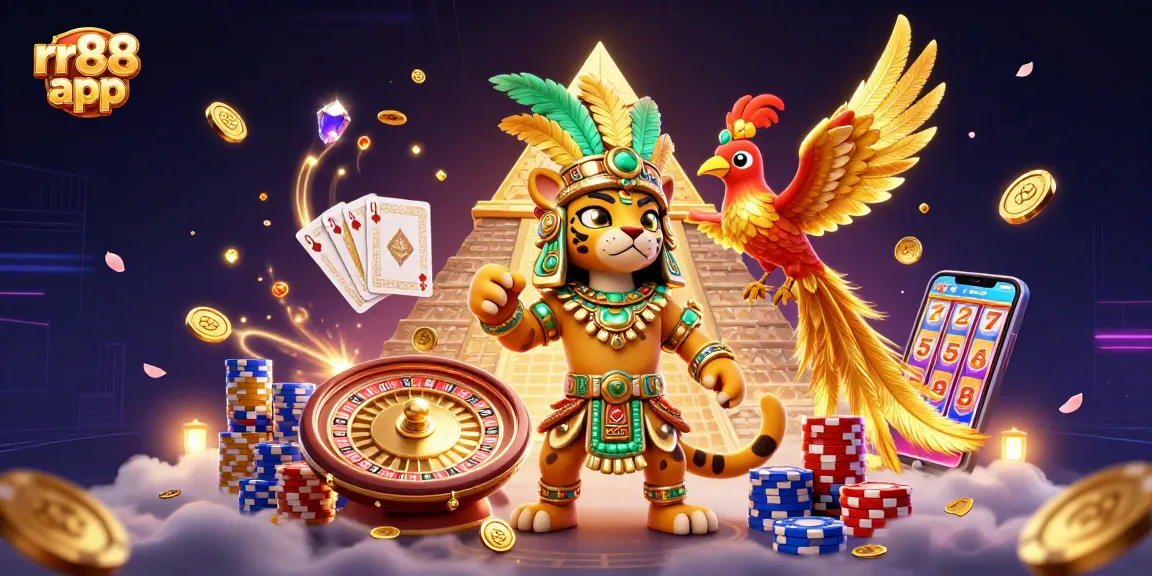 Experience the rr88 app with a vibrant Mayan casino illustration showcasing dynamic gaming elements and excitement.
