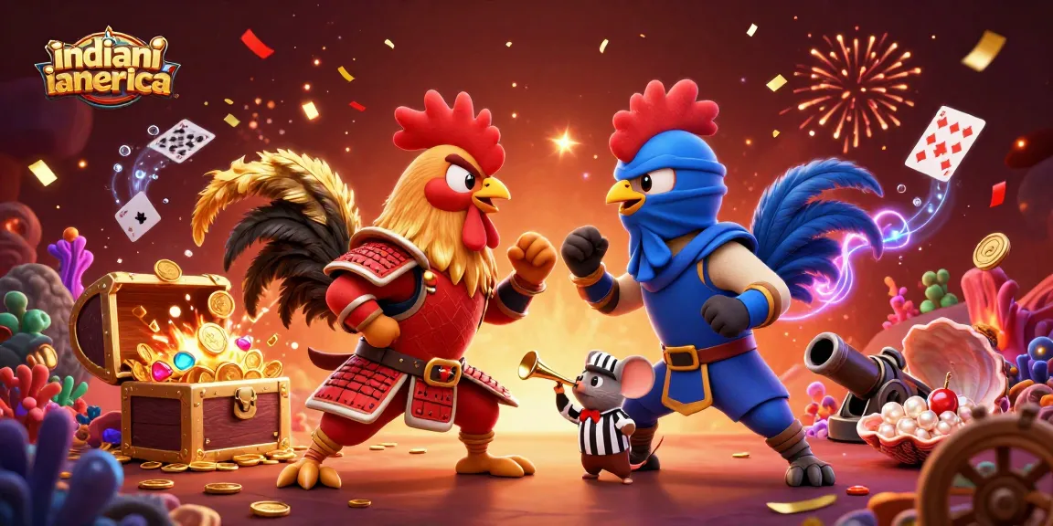 Experience the thrilling standoff of twin roosters in samurai and ninja attire, vibrant with gambling elements, on indianiamerica.