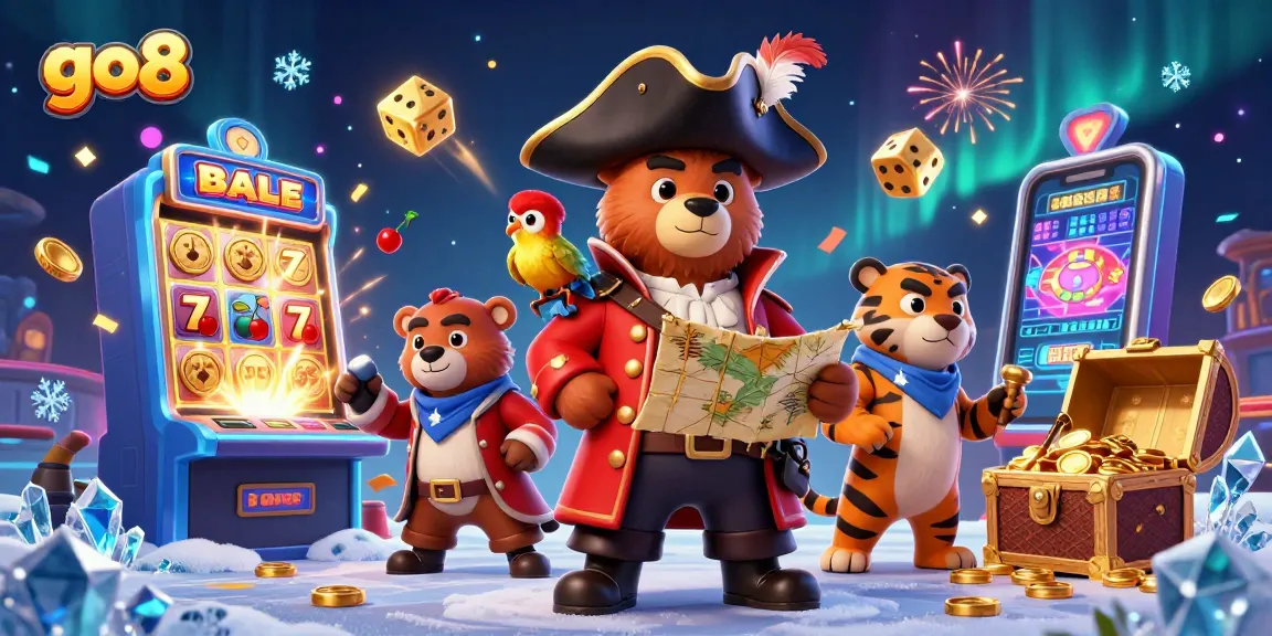 Immerse in the go8 casino adventure with a colorful pirate bear, tiger, and treasure amidst dynamic slot machine action.