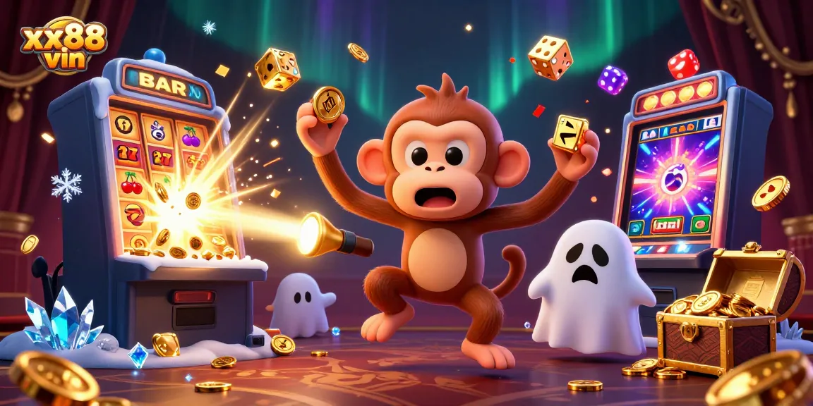 Engage with the exciting atmosphere of the xx88 vin casino scene, featuring a playful poltergeist monkey and a curious puppy.
