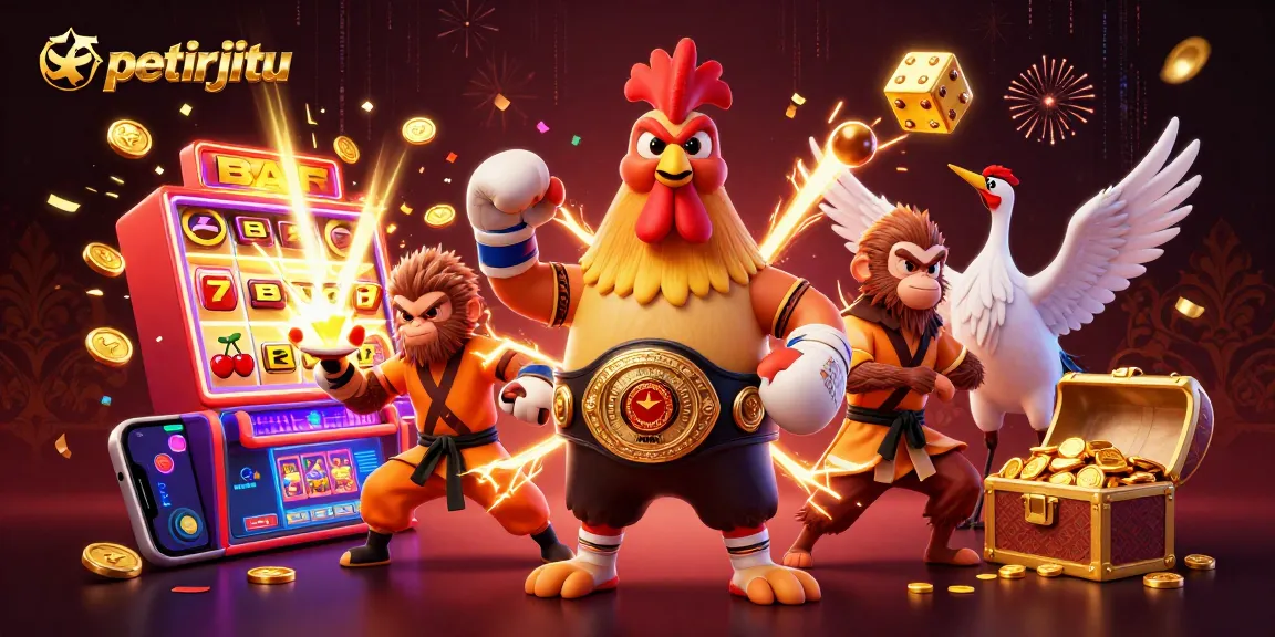 Petirjitu menyajikan ilustrasi kasino yang menampilkan ayam Muay Thai, monyet Shaolin, dan crane bijak dengan mesin slot vol. jackpot.