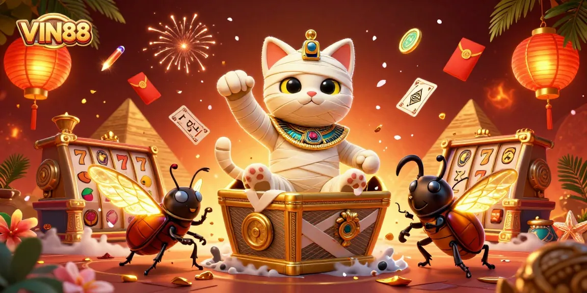 Experience the thrills with VIN88 in a magical casino scene featuring a mummy cat and lucky symbols.