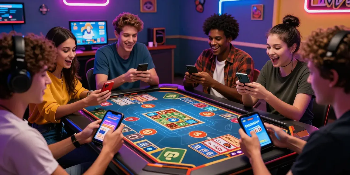 Dynamic online gaming moment with diverse players enjoying Card Rummy on smartphones, showcasing excitement and vibrant app interface at https://cardrummyapp.com.pk/.