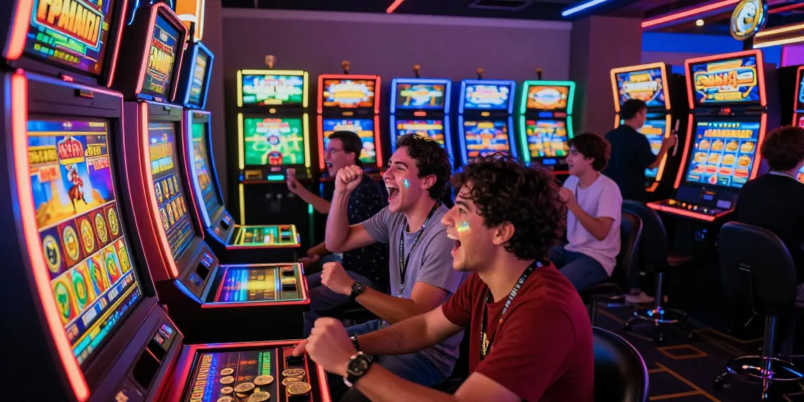 Pengunjung senang bermain slot gacor di kasino modern, merayakan jackpot dengan lampu neon cerah.