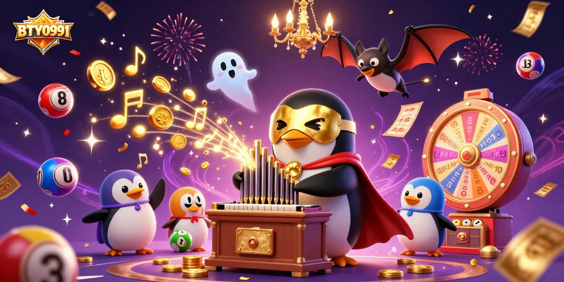 Experience BTY0991's vibrant lottery scene with penguins, confetti, and golden prizes!