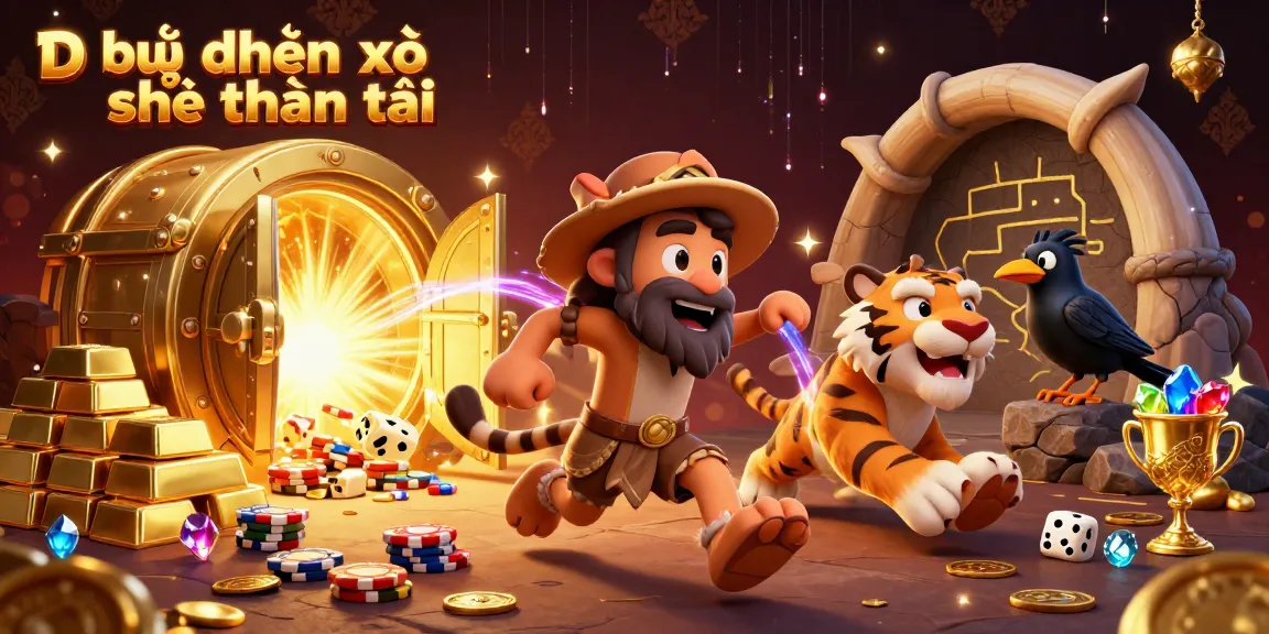 Dự đoán xổ số thần tài offers lucky number insights in a vibrant casino design filled with treasures and animated characters.